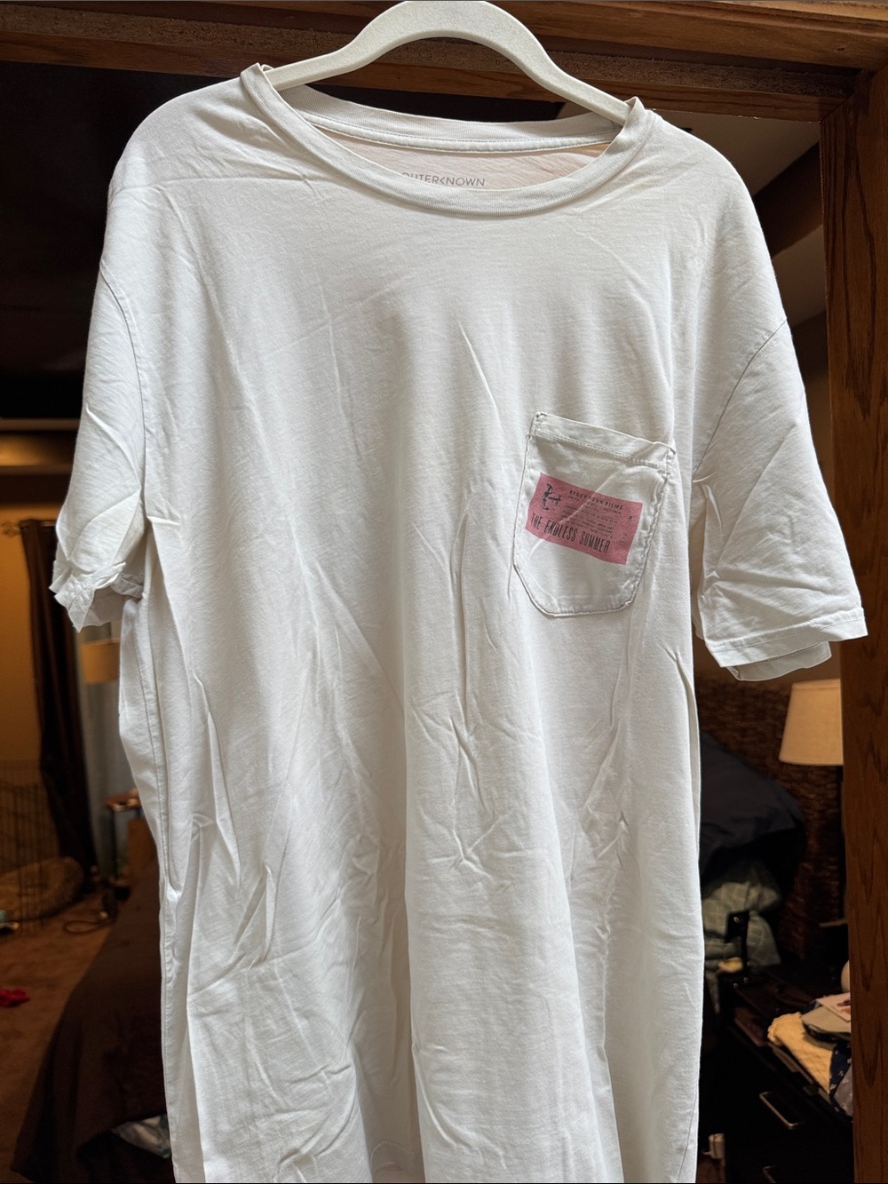 Outerknown White Short Sleeve T-Shirt with Pink Pocket Patch